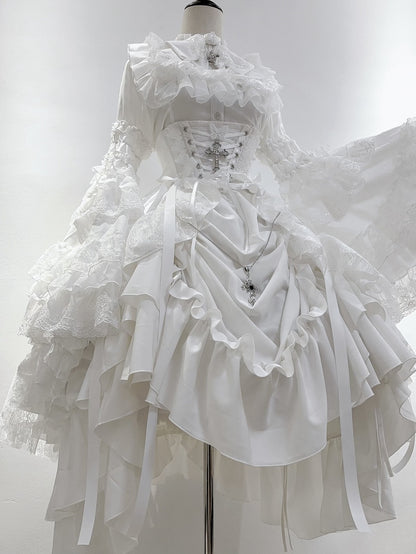 White Gothic Lolita Boned Corset Waist Skirt with Drawstring - Nightingale Girl