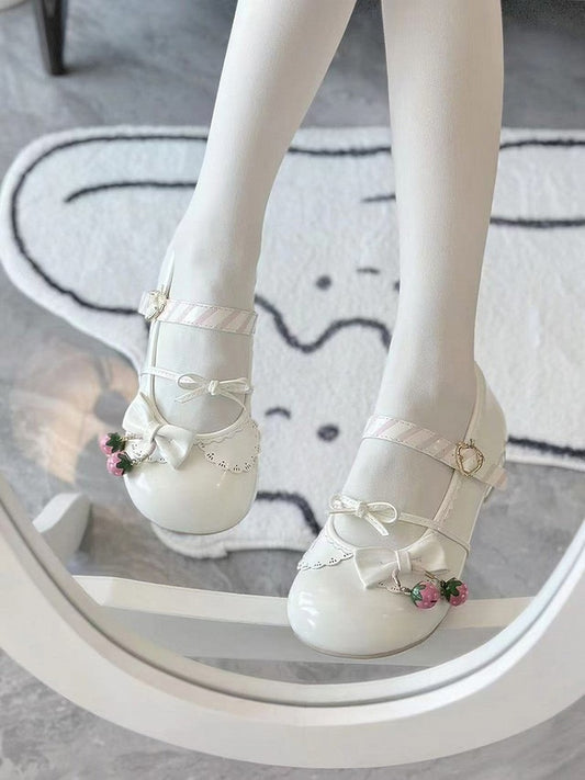 with Jane Shoes Strawberry Bow Sweet Mary Heel 2.5cm Themed White Details Lolita