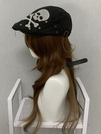 Studs Hat Pin Rhinestone Skeleton Punk Decorated And Black Details Beret