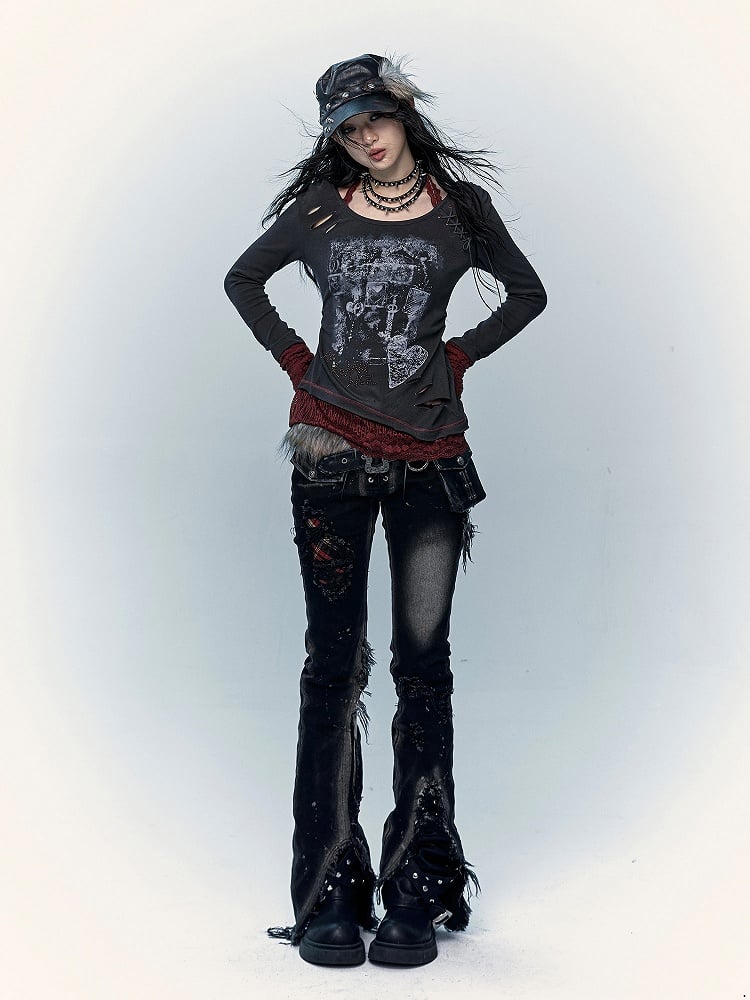 Straight-Leg Flare Black Punk Distressed Holes Jeans with Red Plaid Patchwork