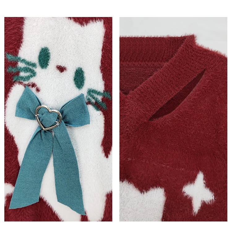 Weicher Pullover mit roter Katze und Schleife im Weihnachts-V-Ausschnitt