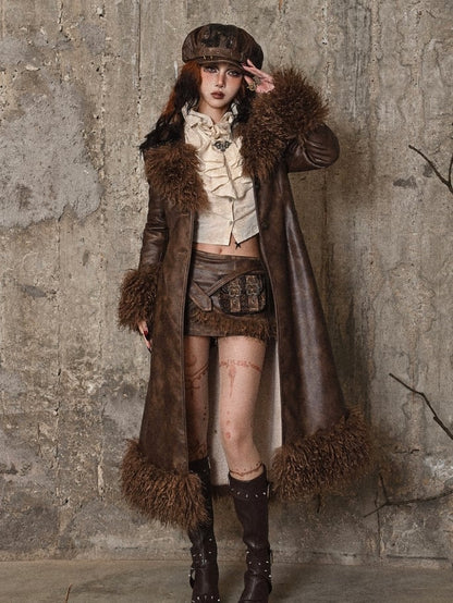 Brown Vintage Mailard Winter Padded Coat Leather Fabric