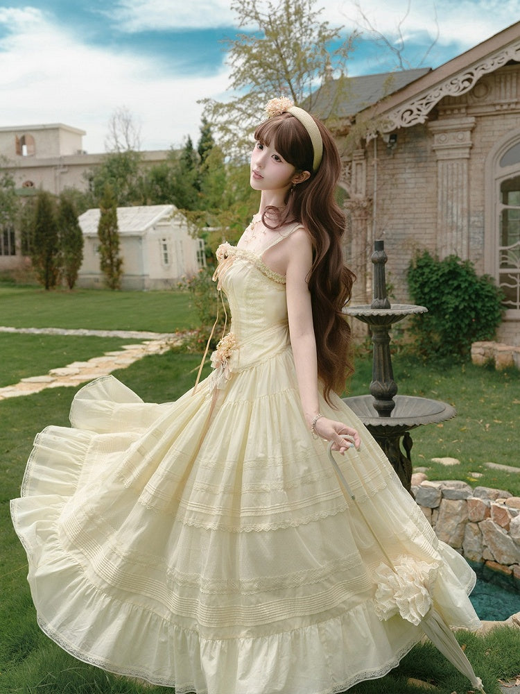 Yellow Sweet Button Top with Lace Skirt Set - Penny House