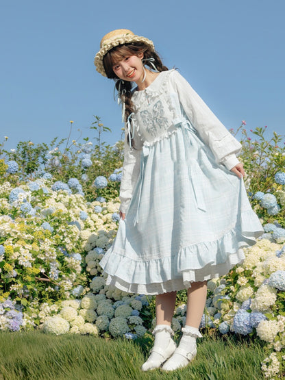 Alice in Wonderland Vibes Blue & White Plaid Butterfly Embroidery Mori Kei Dress
