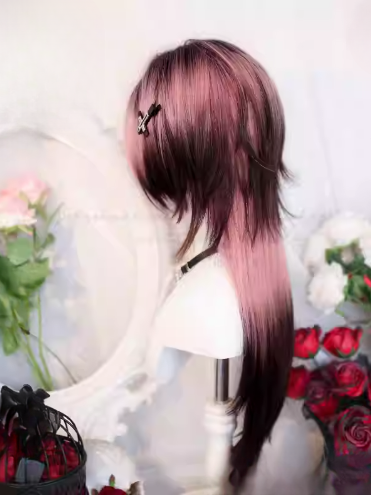 Pink and Brown Ombre Under Bust Length 60CM Straight Wig with Air Bangs