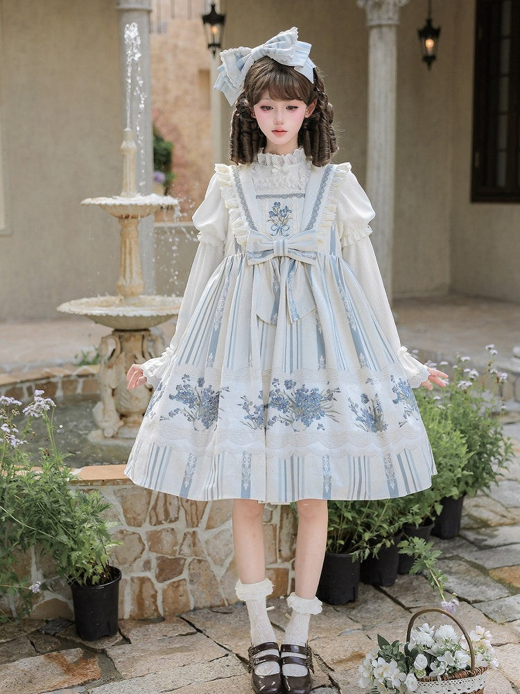 Blue & White Striped Floral Embroidered JSK Set with Knit Top, Belt & KC - With PUJI
