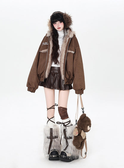 Padded Elastic Hem Hooded Ear with Brown Jacket Rabbit Cuffs