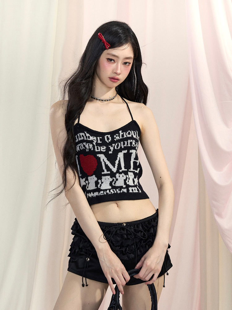 Cropped Top mit Buchstaben-Print, glamourös, Pink/Schwarz/Apricot, Neckholder