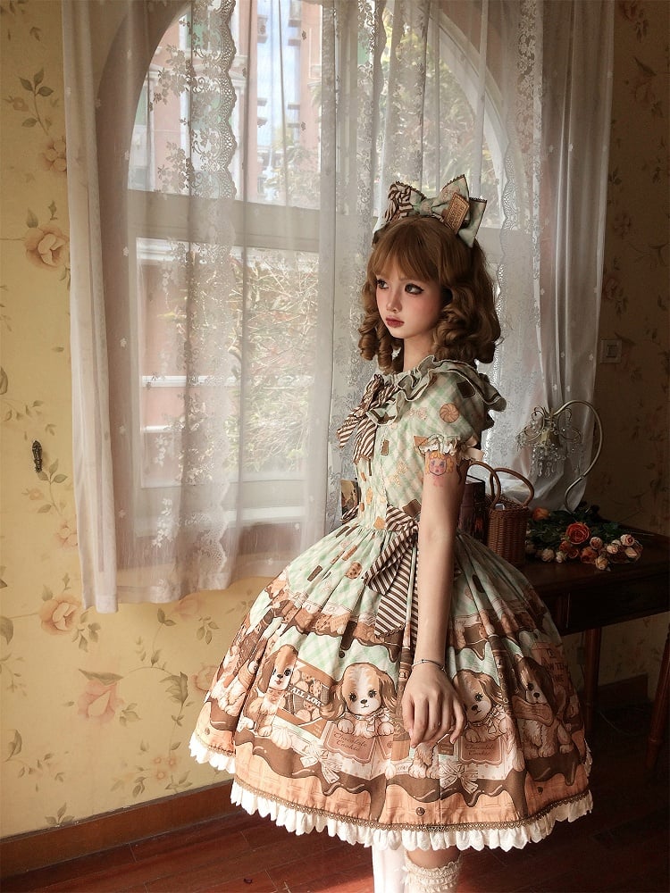 Süßes Lolita-Kleid mit kurzen Ärmeln in Grün von Puppy and Biscuit