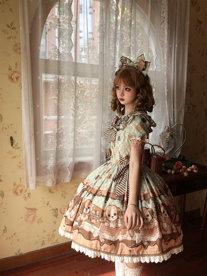 Süßes Lolita-Kleid mit kurzen Ärmeln in Grün von Puppy and Biscuit