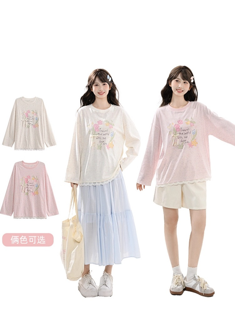 ラウンド型のスイートフローラルプリントレーストリムベージュ/ピンクネックトップ