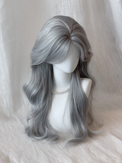 Gray 65cm Curtain Bangs Long Wavy Wig - Sleepy Fish