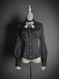 Lace Blouse Neckline Black with Tie Long-sleeved and Bow Ruffled Lolita Details