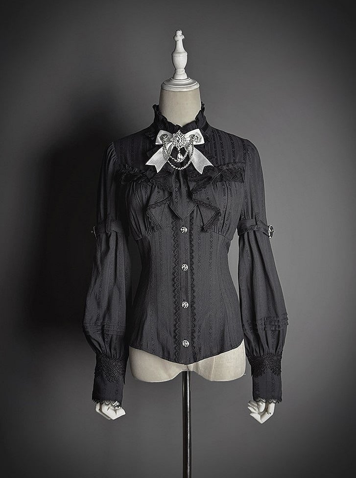 Lace Blouse Neckline Black with Tie Long-sleeved and Bow Ruffled Lolita Details