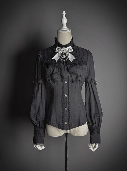 Lace Blouse Neckline Black with Tie Long-sleeved and Bow Ruffled Lolita Details