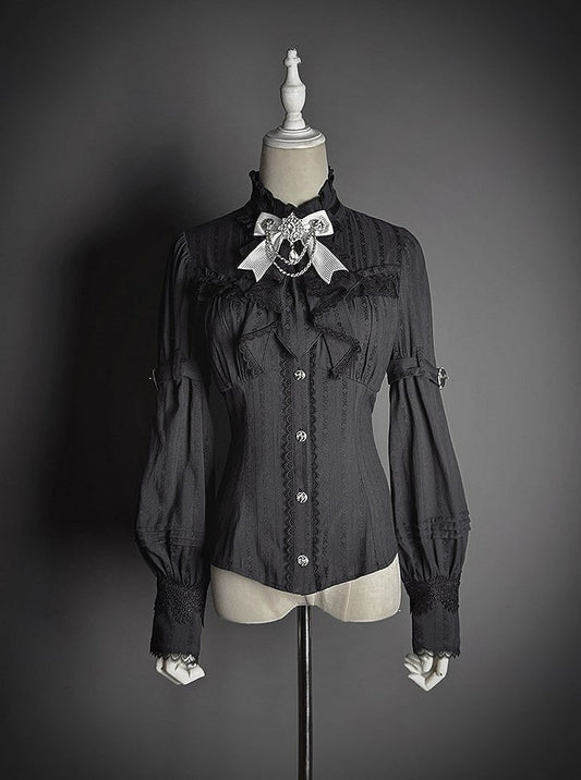 Lace Blouse Neckline Black with Tie Long-sleeved and Bow Ruffled Lolita Details