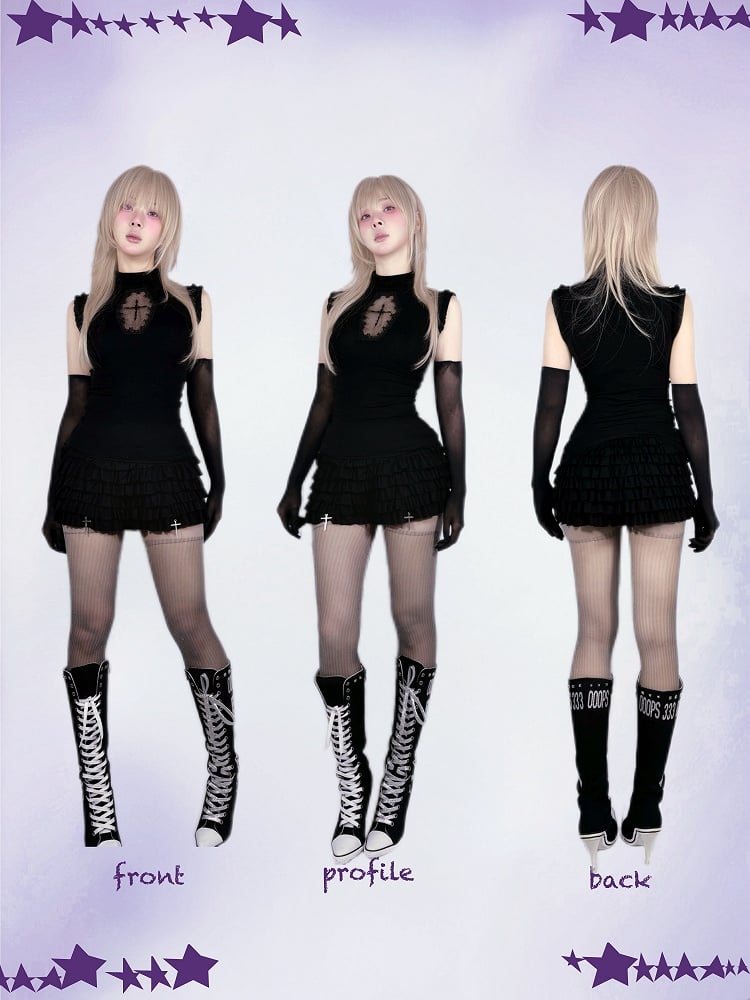 Cross Charms Tiered Ruffles Skort Waist Black Elastic