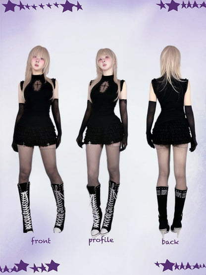 Cross Charms Tiered Ruffles Skort Waist Black Elastic