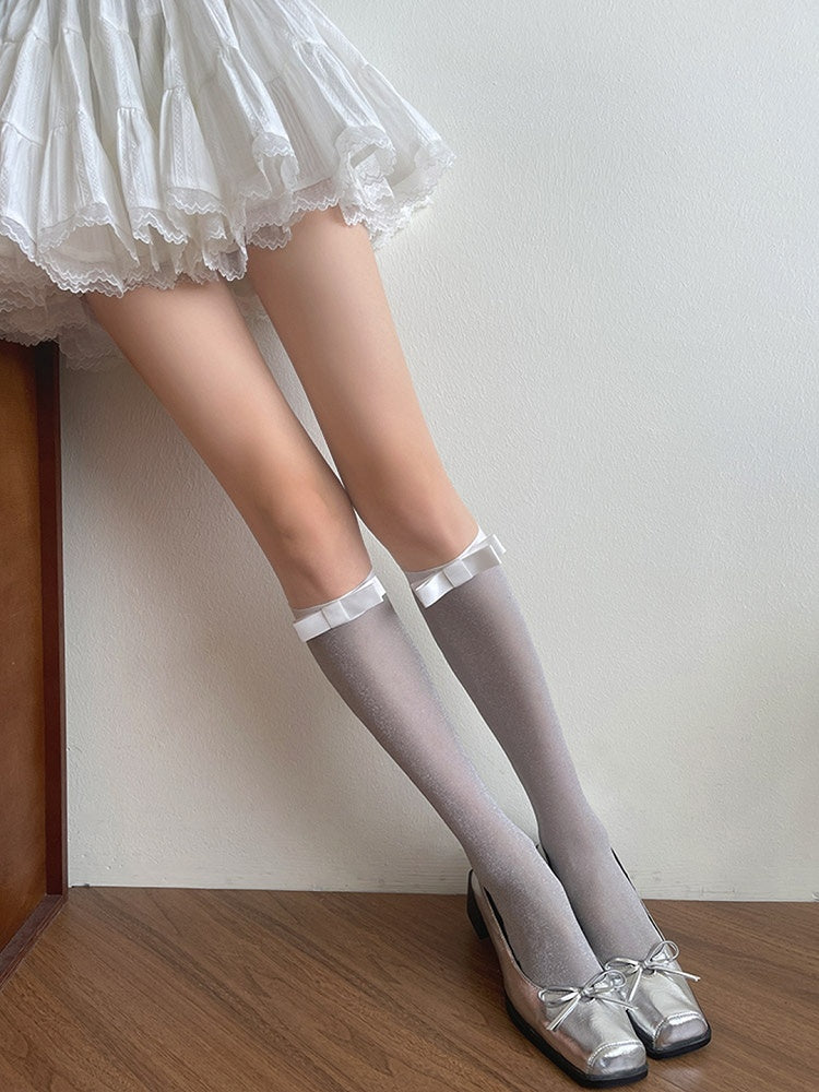 Light Underknee Bowknot Semi-sheer Grey/Black Stockings Details