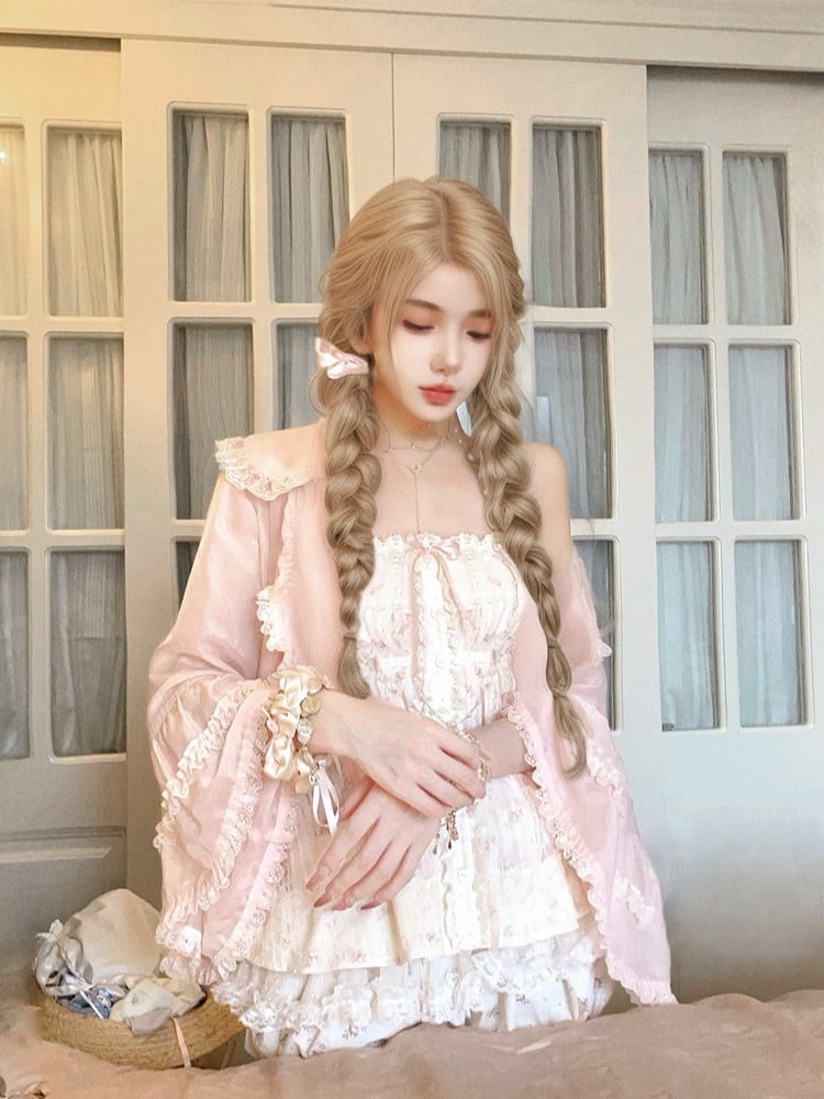 Gerüschte, sonnenschützende rosa Ärmel mit Cardigan-Glocke