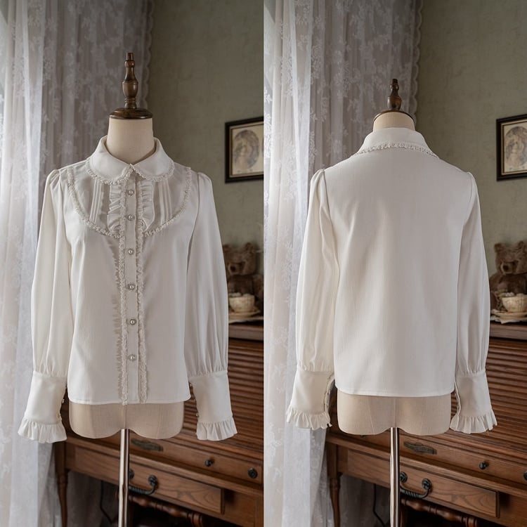 White Rounded Flat Collar Long Sleeves Shirt