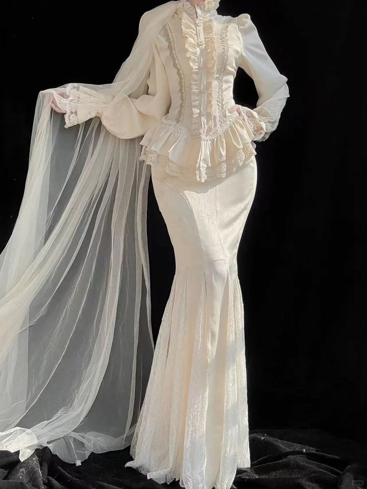 Classic Apricot Elegant Lolita with + Ruffled Set Details Blouse Lace Mermaid Skirt Long Sleeves