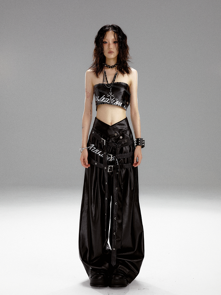 V-neck Black Belts Pants With Graffiti PU Wide-leg Buckle Punk