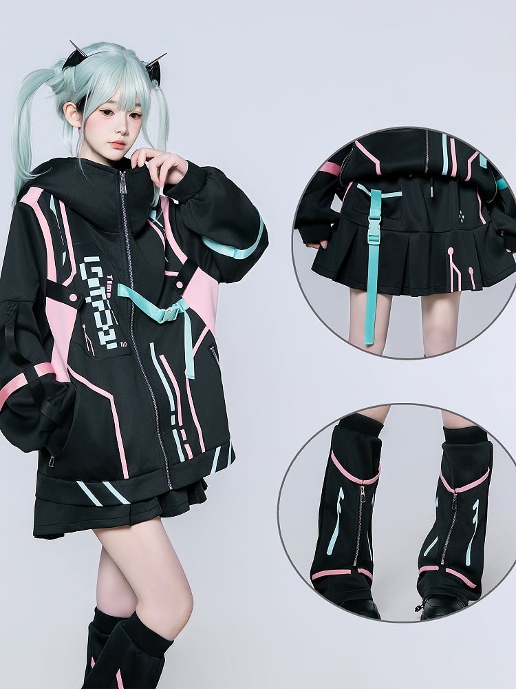 Set Gradient Pink Green Cyberpunk Coord | Gamer Jacket Hooded Girl