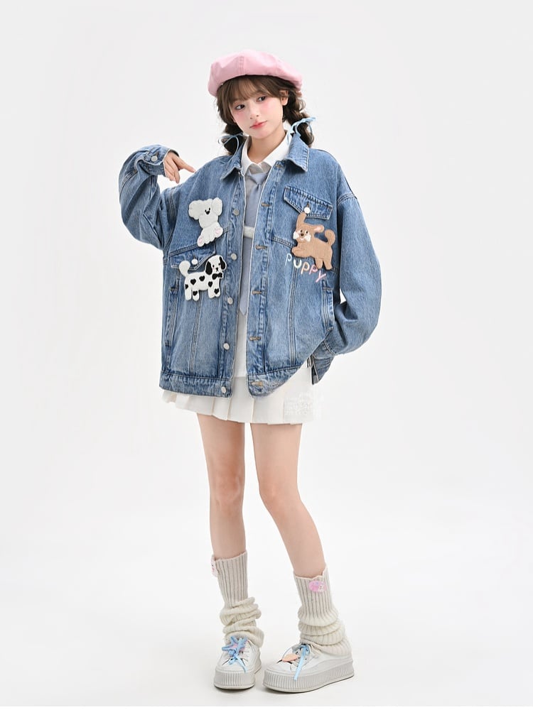 Wash Distressed Denim Jacket with Detachable Puppy Brooches Blue Faded
