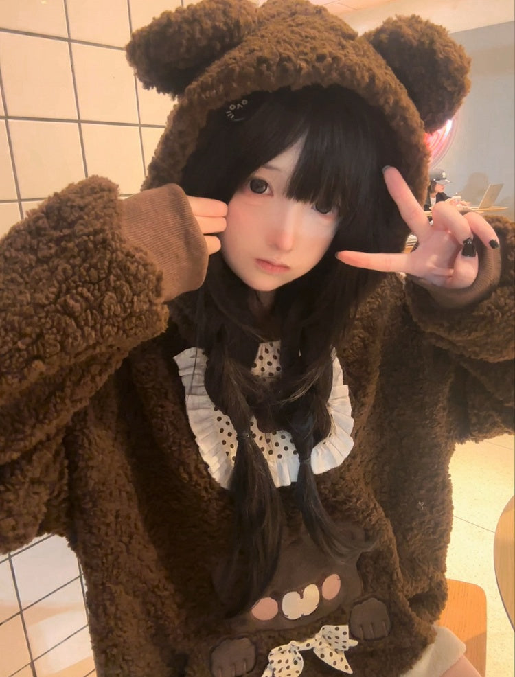 Brown Plush Fleece Hoodie with Bib Design