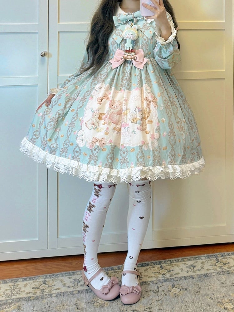 Mint Peter Pan Collar Long-Sleeve Bear Print OP Dress with Sash - Honey Village