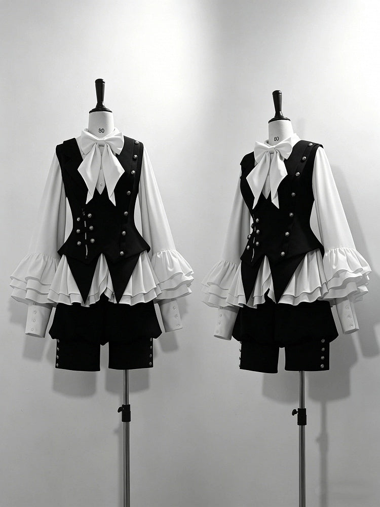 Black Ouji Lolita Deep V-Neck Waistcoat with Pointed Hem and Silver Buttons - Princess Chronicles