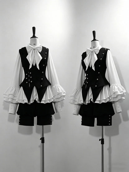 Black Ouji Lolita Deep V-Neck Waistcoat with Pointed Hem and Silver Buttons - Princess Chronicles