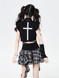 with Back Flutter Sleeves Blouse Print  Lace-ups Cross White Black
