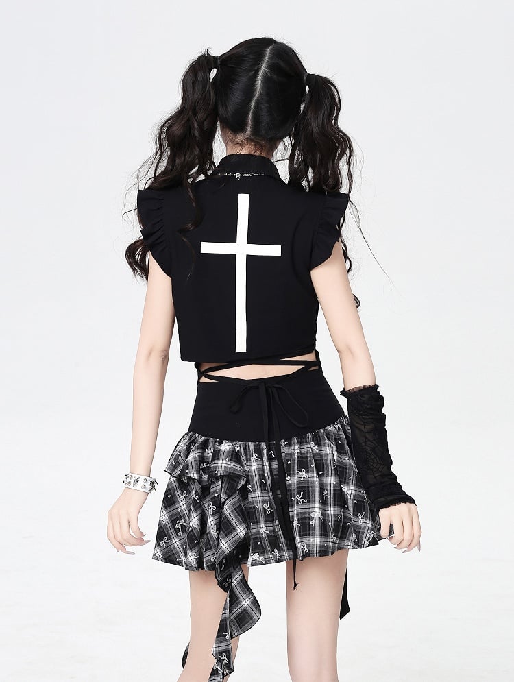 with Back Flutter Sleeves Blouse Print  Lace-ups Cross White Black