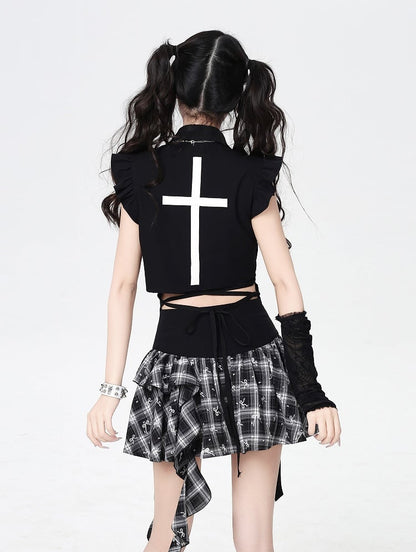 with Back Flutter Sleeves Blouse Print  Lace-ups Cross White Black