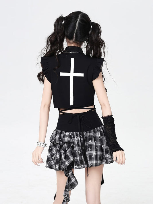 with Back Flutter Sleeves Blouse Print  Lace-ups Cross White Black