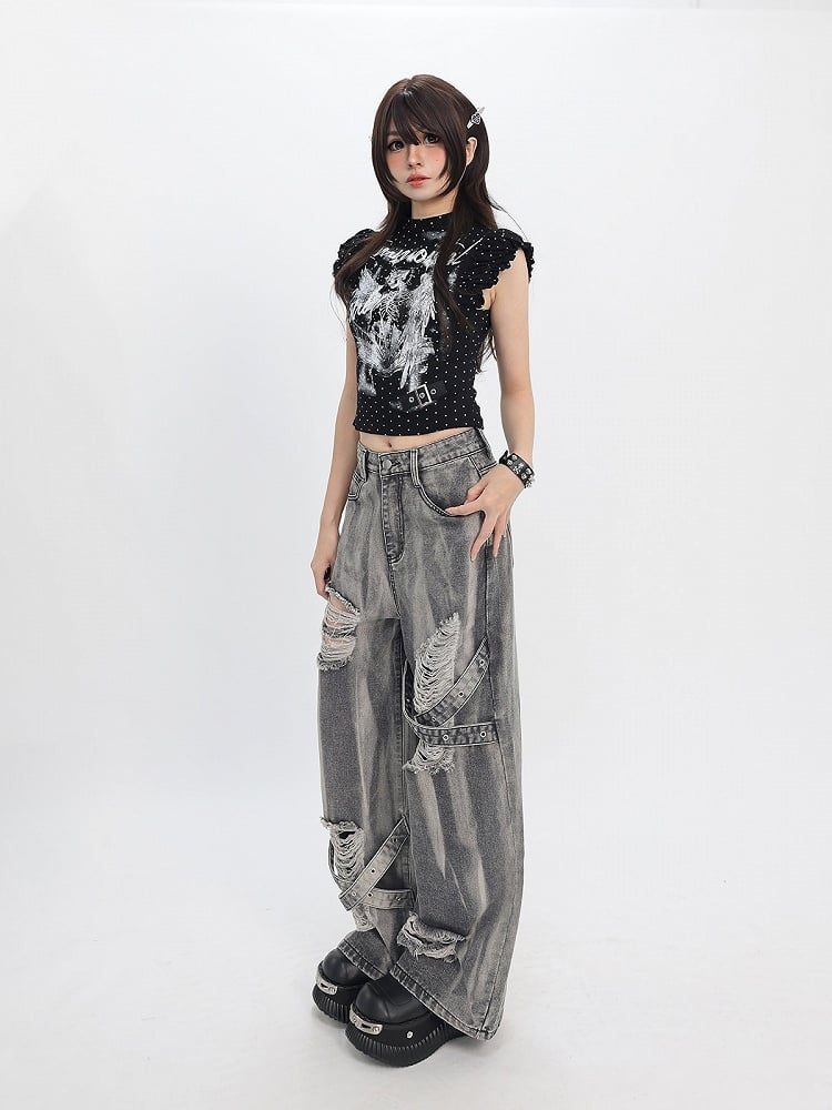 Black White Flutter Sleeve Top with Angel Skeleton Print - Catwish