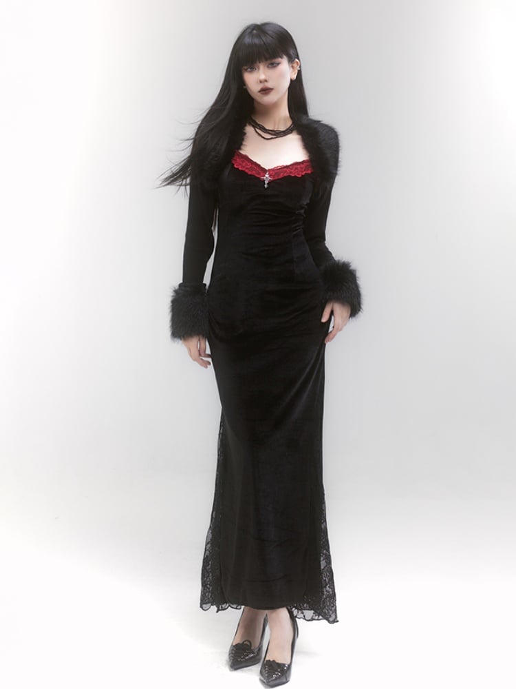 Gothic Black Cross Detail Red Lace Trim Spaghetti Strap Dress