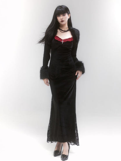 Gothic Black Cross Detail Red Lace Trim Spaghetti Strap Dress