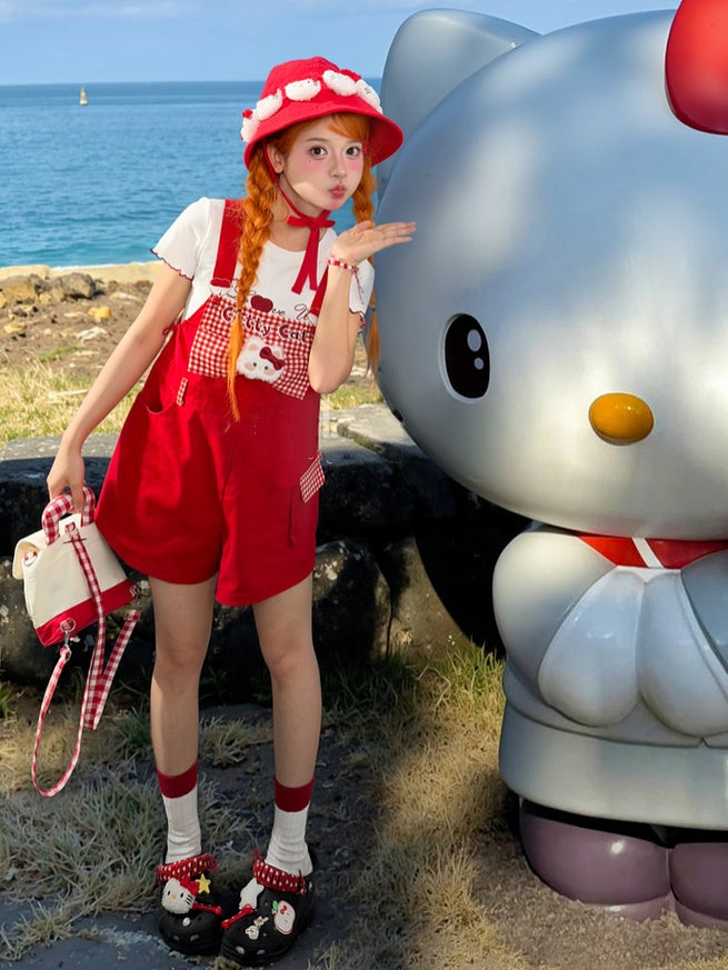 Red Plaid Bowknot Plush Kitty Overall Shorts