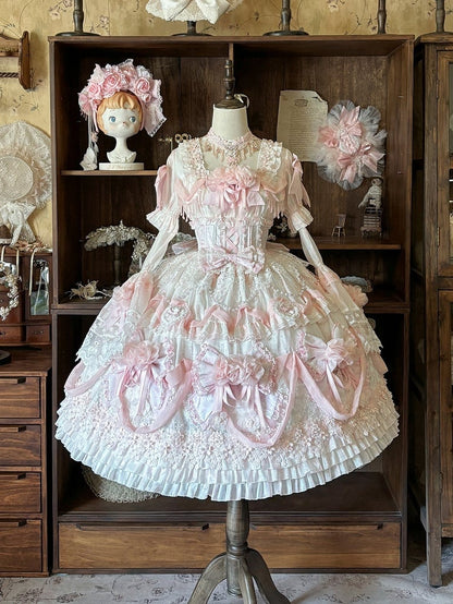 Rose Hanayome Lolita Hime Gown with Detachable Sleeves, Flower Bows and Pearl Chains - sedef