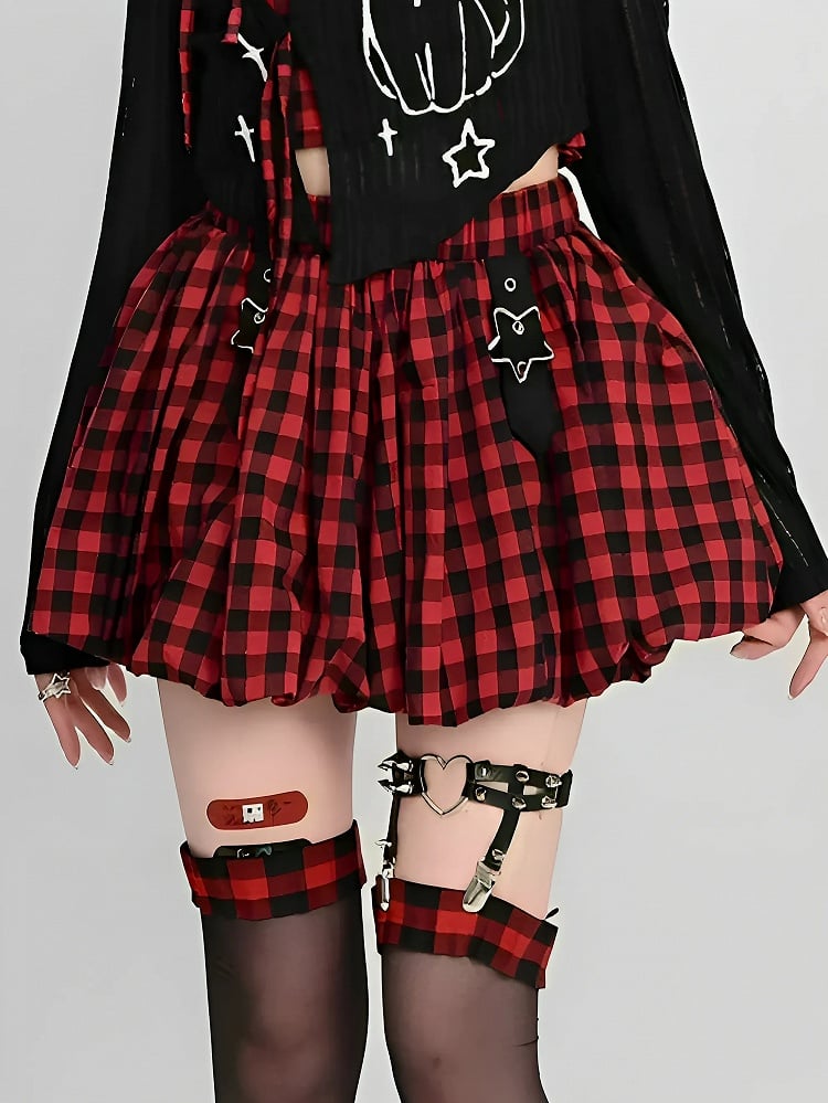 Plaid Bubble Skirt Y2K Gray / Red Star Buckles Black Black