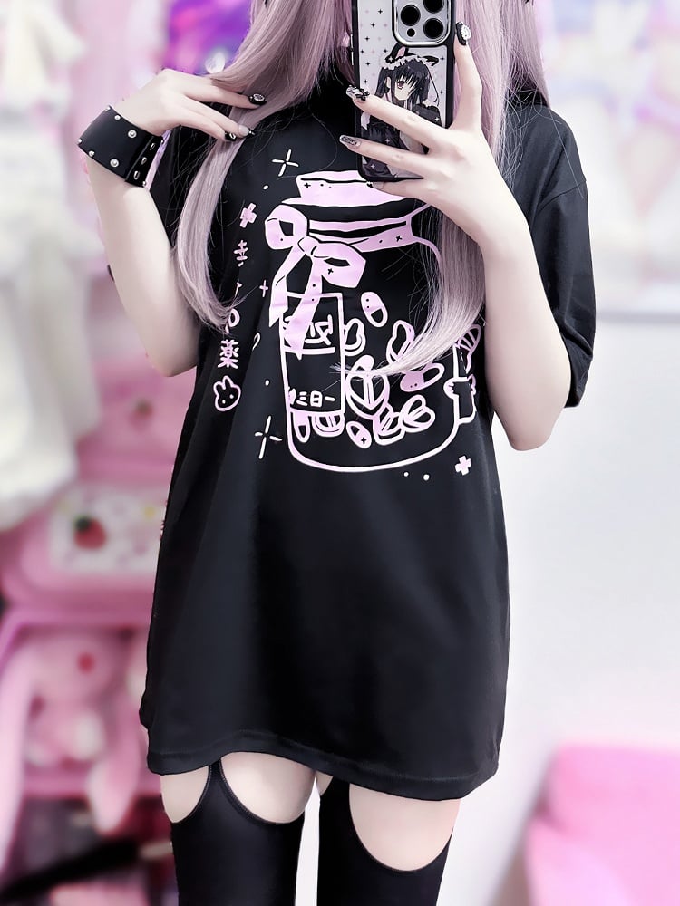 Yami Medicine Black Print Kei T-shirt Bottle Pink Jirai