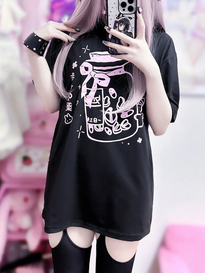 Yami Medicine Black Print Kei T-shirt Bottle Pink Jirai