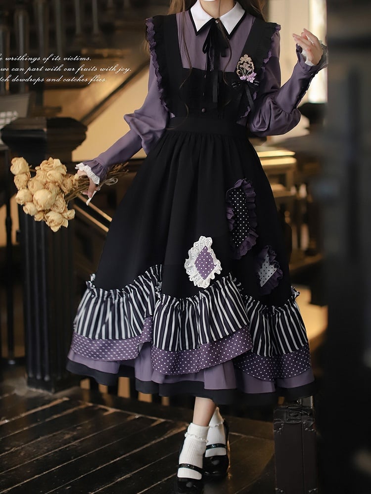 Dress Bittersweet Lolita Apron in Black Stripes and Purple Polka Dot