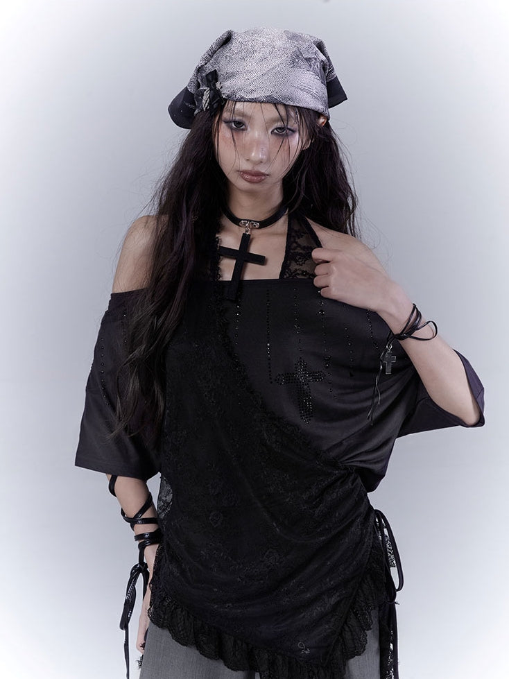 T-Shirt Neckholder Schwarz Kreuz Strass Gebogener Saum