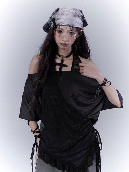 T-Shirt Neckholder Schwarz Kreuz Strass Gebogener Saum