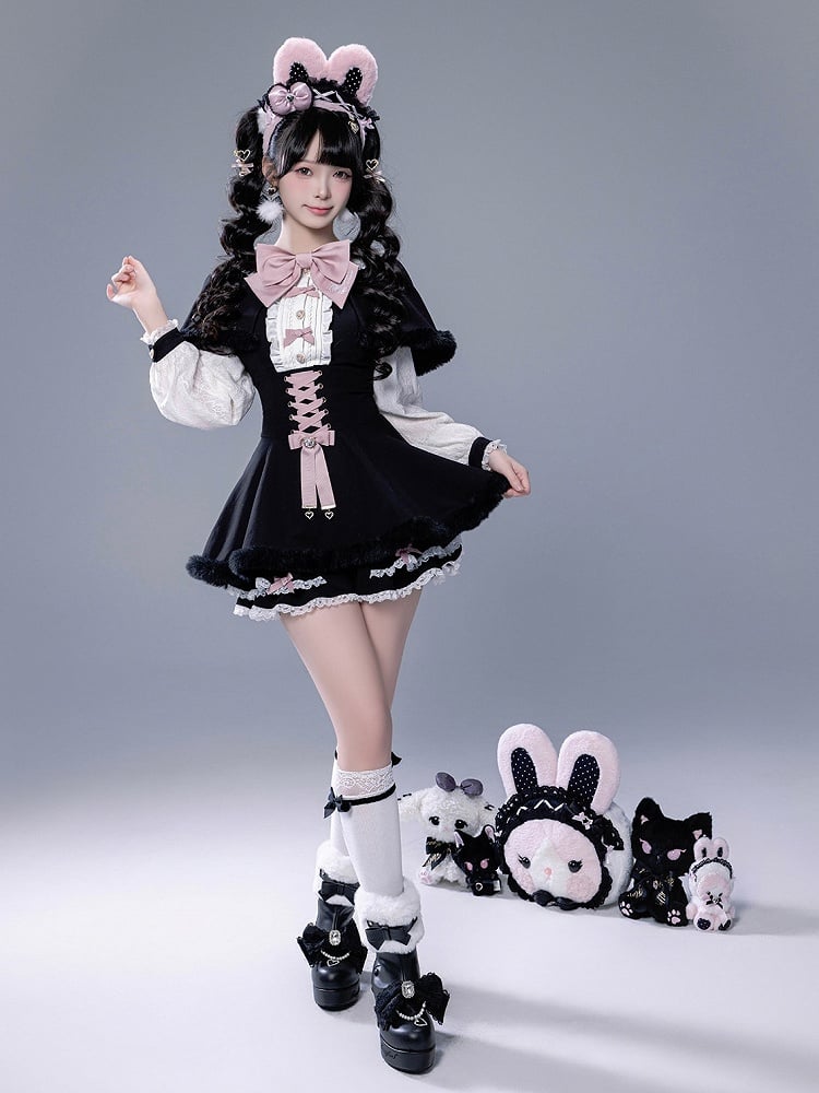 Full Shorts Black Pink Bunny Matching Cape Set Kei Brooch Dress Ear Jirai Bow + Lace Plush