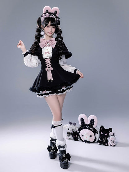 Full Shorts Black Pink Bunny Matching Cape Set Kei Brooch Dress Ear Jirai Bow + Lace Plush
